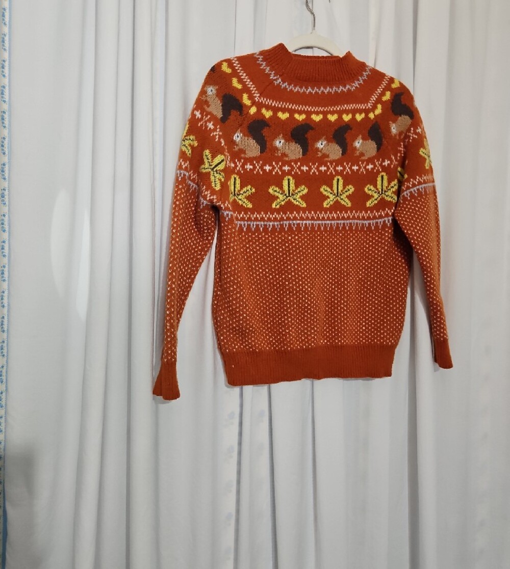 Autumn Woodland Squirrel Fair Isle Knit Sweater - Cozy Fall Cotttagecore - M - Picture 4 of 5